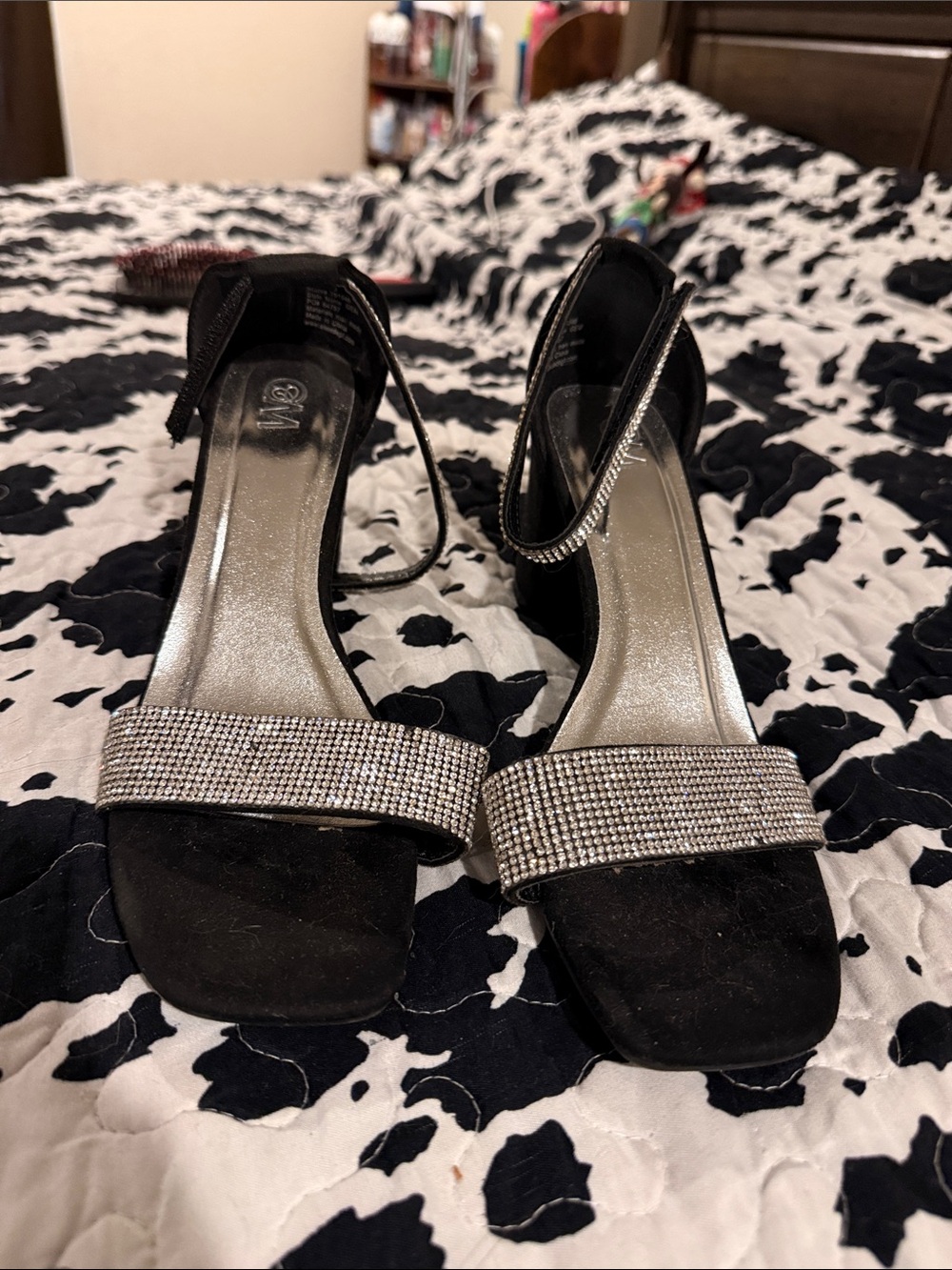 Black Rhinestone Ankle-Strap Block Heels